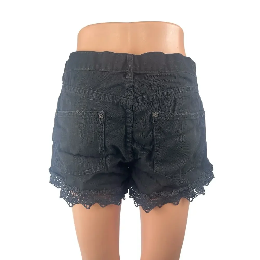 Free People Women's Black Lace Hem High Waisted Wide Leg Denim Jeans Shorts 28